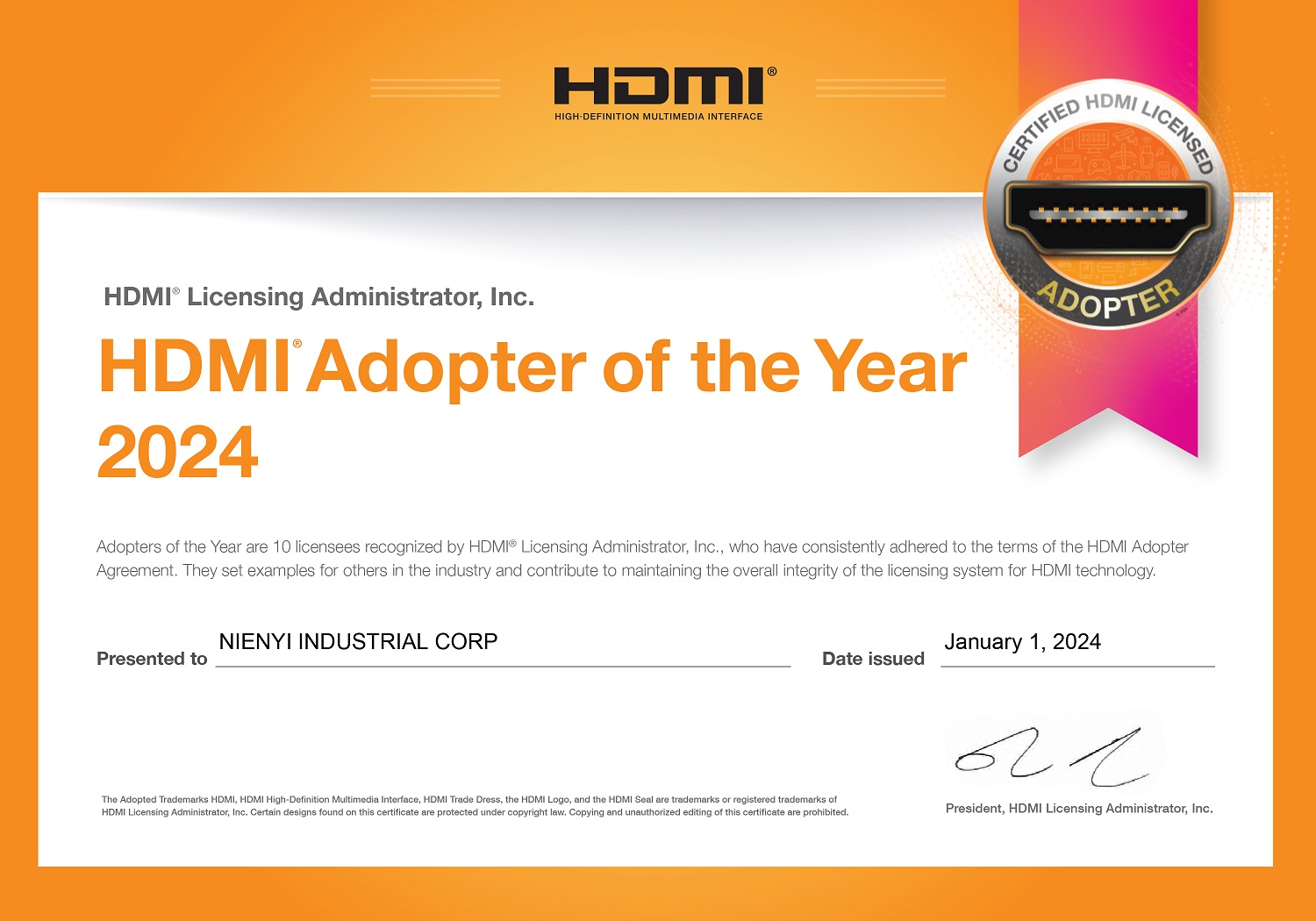 HDMI® Adopter of the Year 2024認證